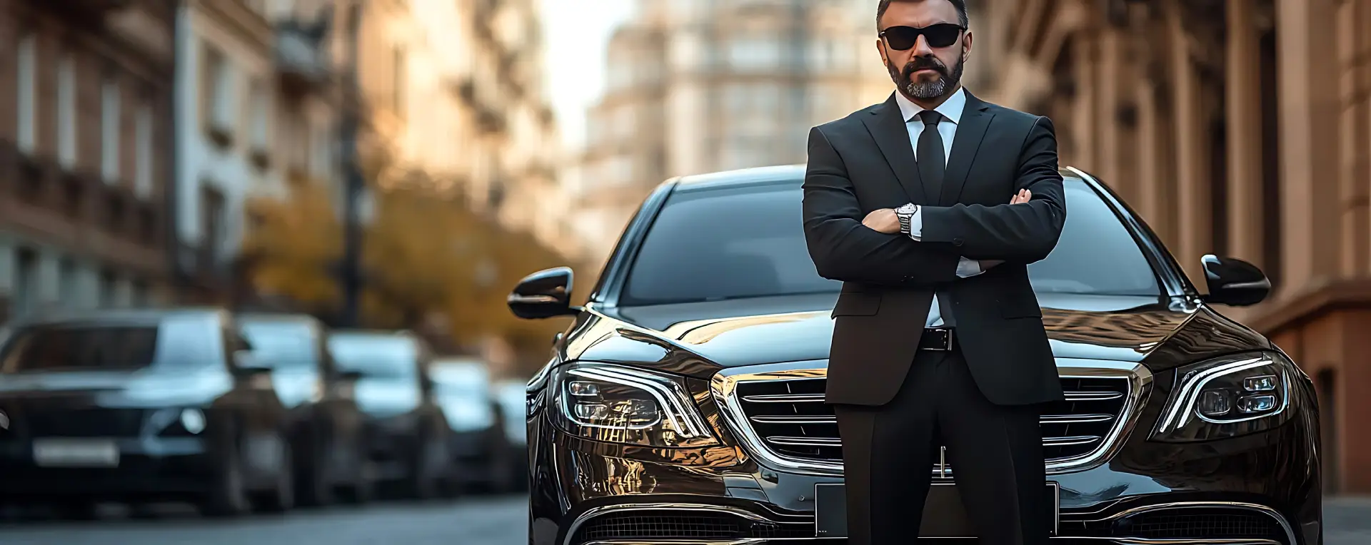 Chauffeur in a black suit and tie standing in front of a black Mercedes